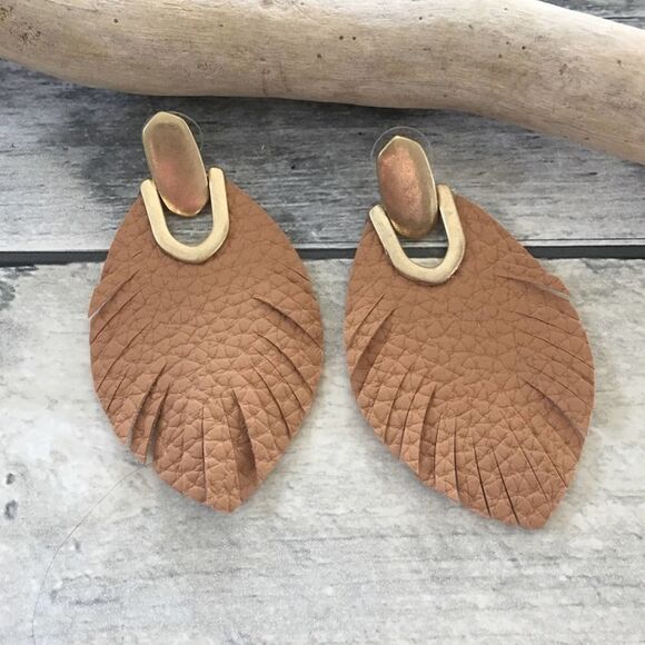 Camel-Colored Vegan Leather Leaf Earrings - Picture 2 of 5